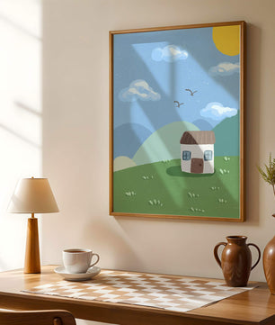 Illustration of a small house on a sunny hillside with clouds in a blue sky
