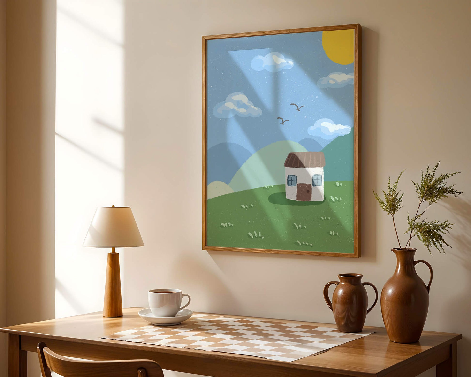 Illustration of a small house on a sunny hillside with clouds in a blue sky