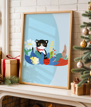Ilustración de un gato con mariquita y flores sobre fondo azul claro