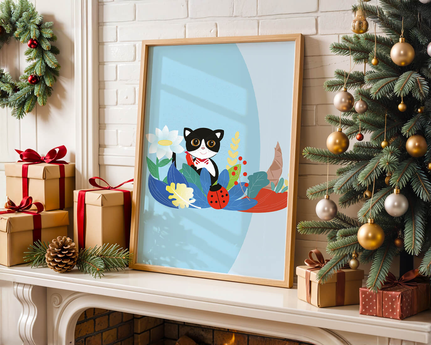 Ilustración de un gato con mariquita y flores sobre fondo azul claro