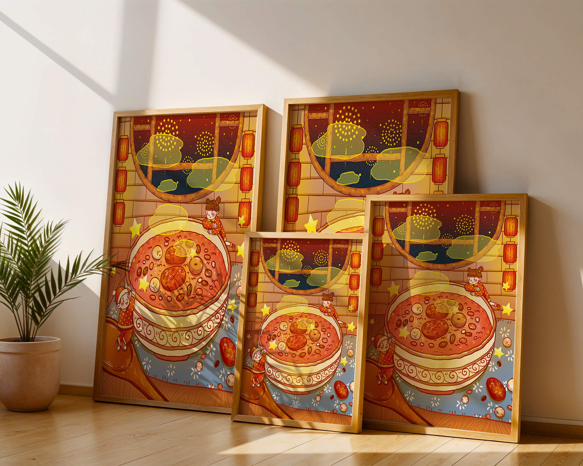 Cozy festive scene with children, a large bowl of soup, and lanterns