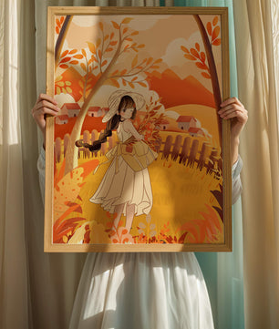 Illustration of a Girl in a Yellow Dress in Autumn Scenery