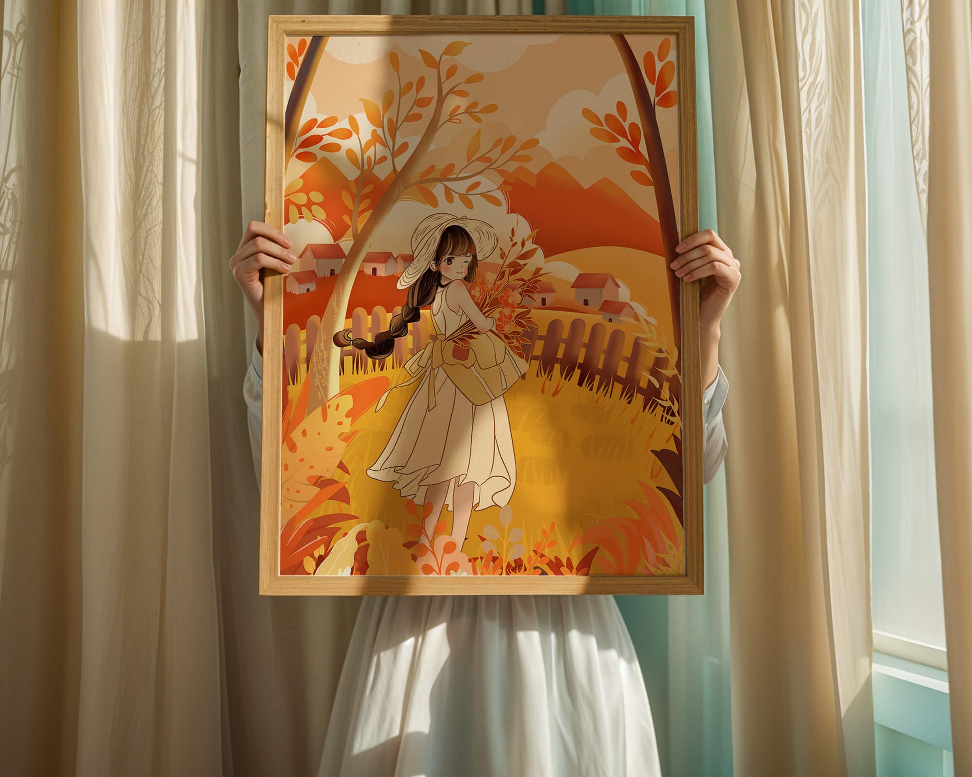 Illustration of a Girl in a Yellow Dress in Autumn Scenery