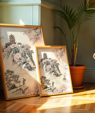 Tranquil Landscape with Cherry Blossoms and Traditional Pagoda