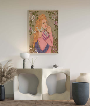 Ilustración floral romántica de una mujer con cabello largo y flores en flor