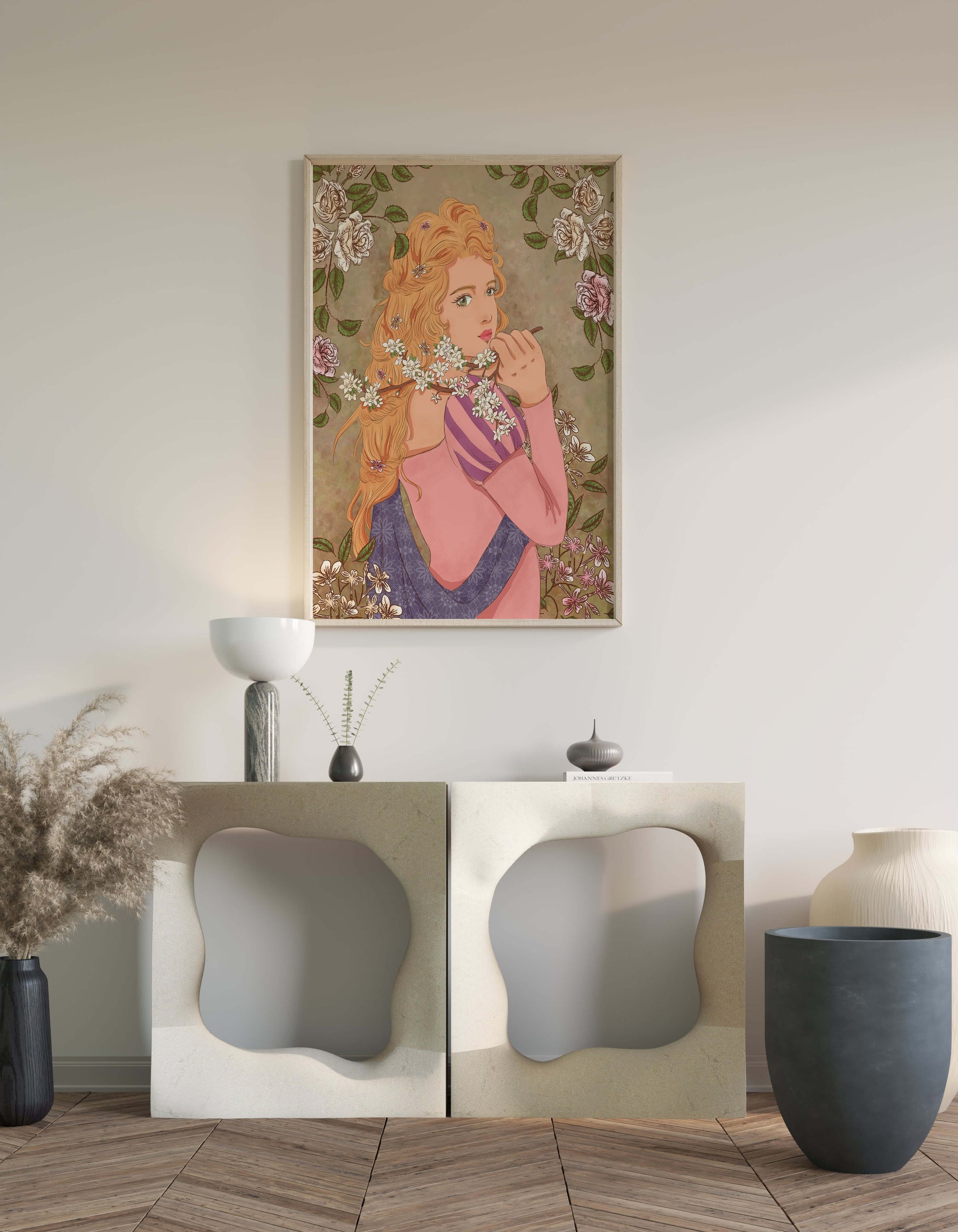 Ilustración floral romántica de una mujer con cabello largo y flores florecientes