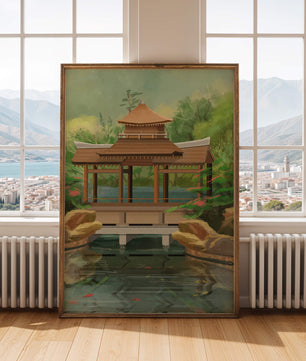 Traditional Japanese Garden Pavilion with Scenic Pond and Lush Greenery