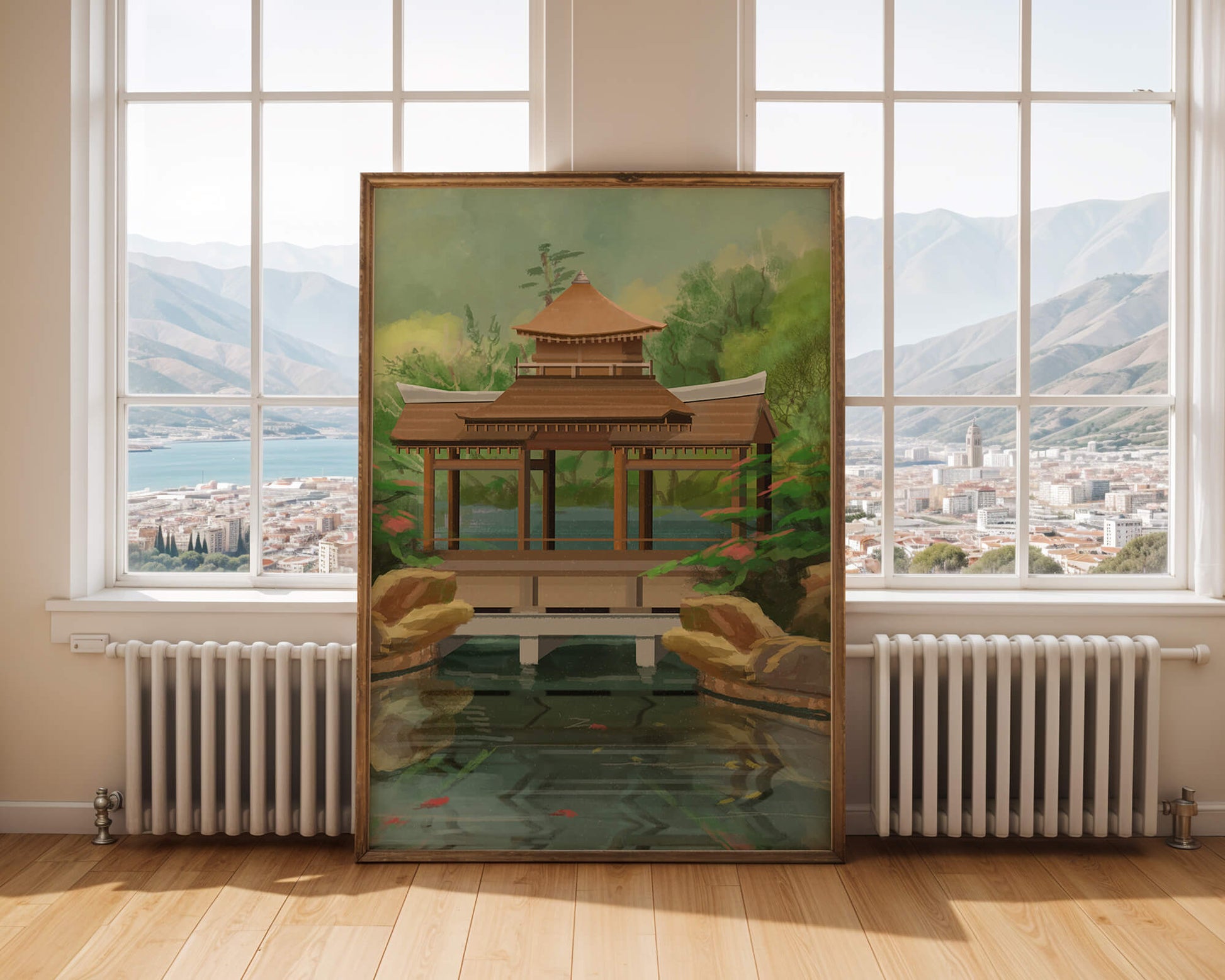 Traditional Japanese Garden Pavilion with Scenic Pond and Lush Greenery