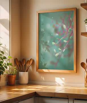 Diseño abstracto sereno con hojas pastel y fondo borroso