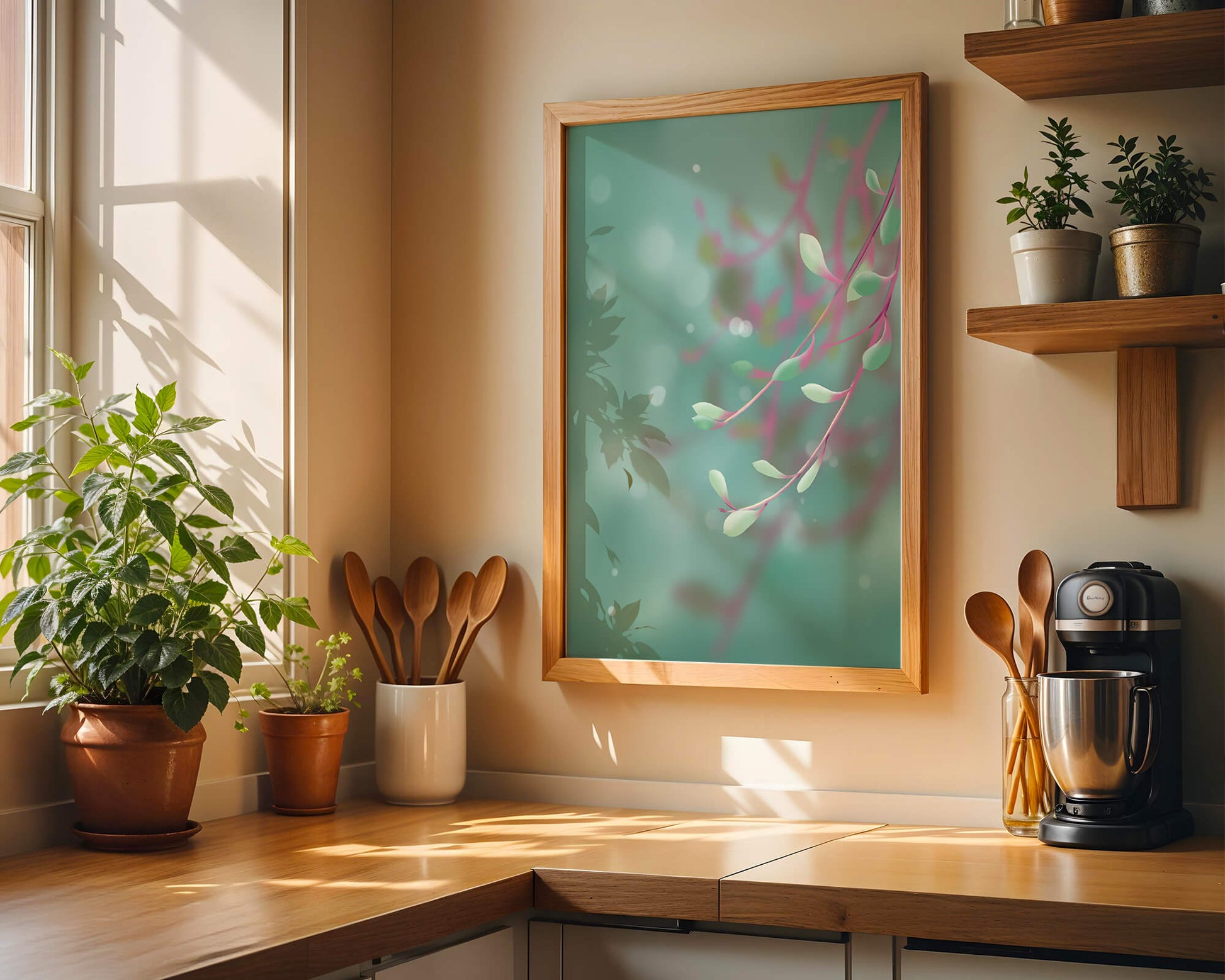 Diseño abstracto sereno con hojas pastel y fondo borroso