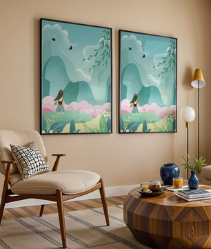 Peaceful landscape with a girl and nature elements