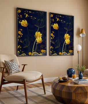 Elegant floral artwork with golden accents on deep blue background