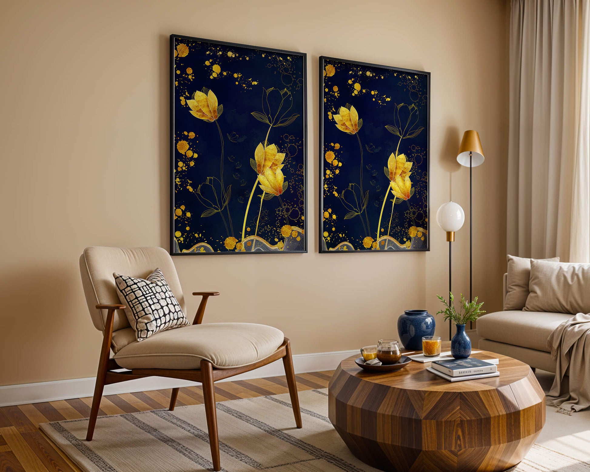 Elegant floral artwork with golden accents on deep blue background