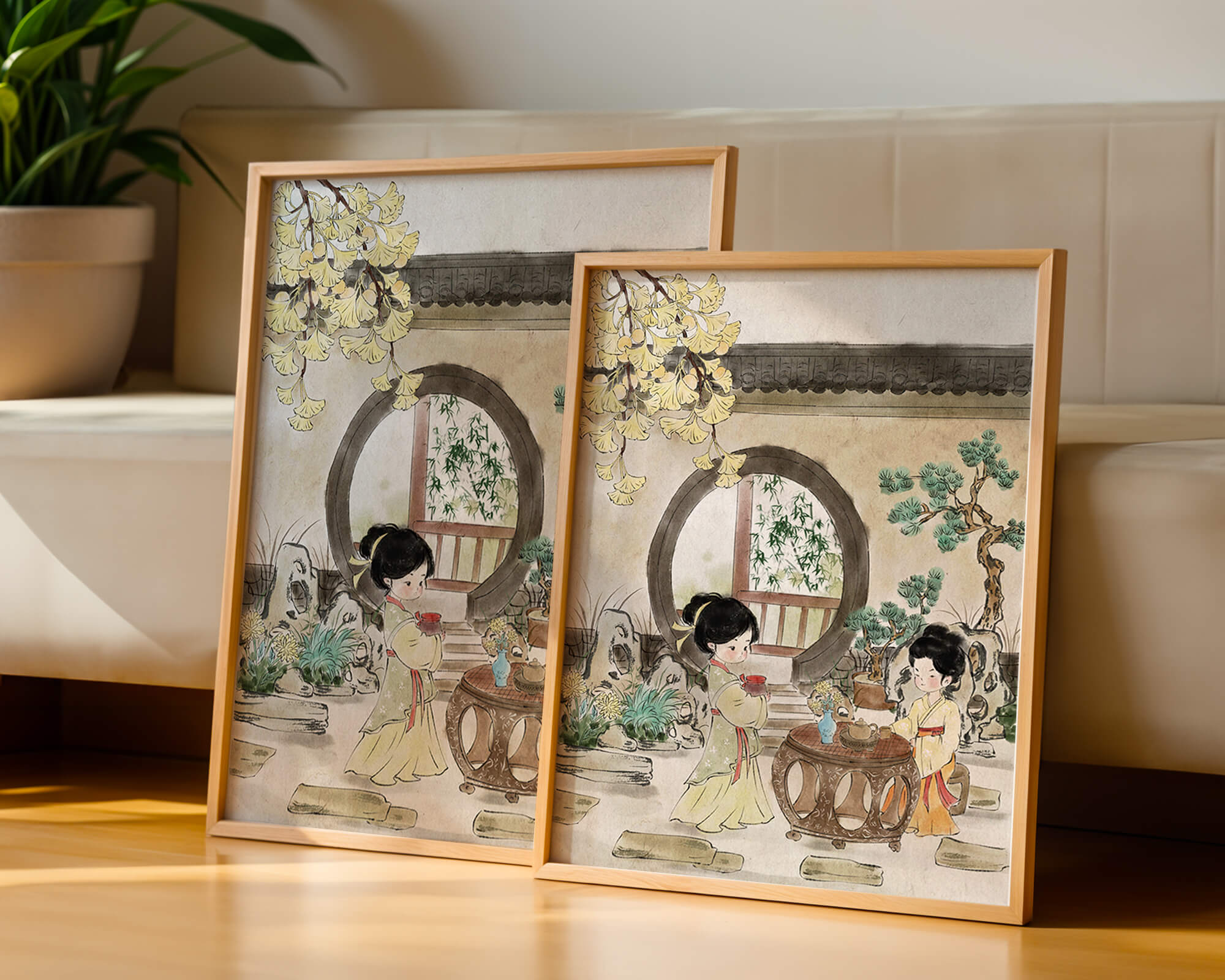 Serene traditional Chinese garden scene with women in elegant attire