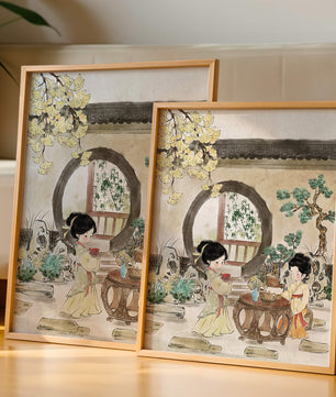 Scène sereine de jardin traditionnel chinois avec des femmes en tenue élégante