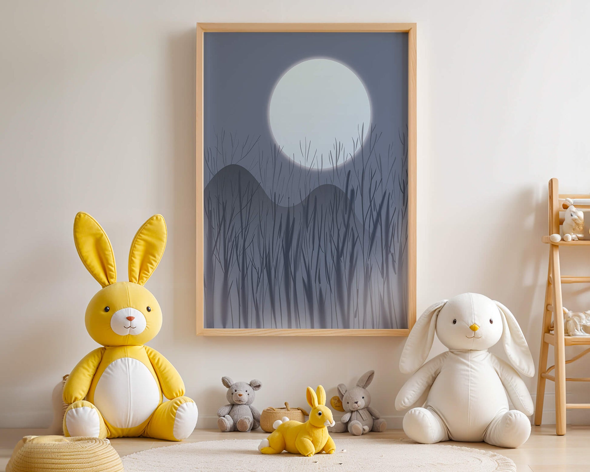 Ruhige Nachtlandschaft mit Vollmond und kahlen Bäumen