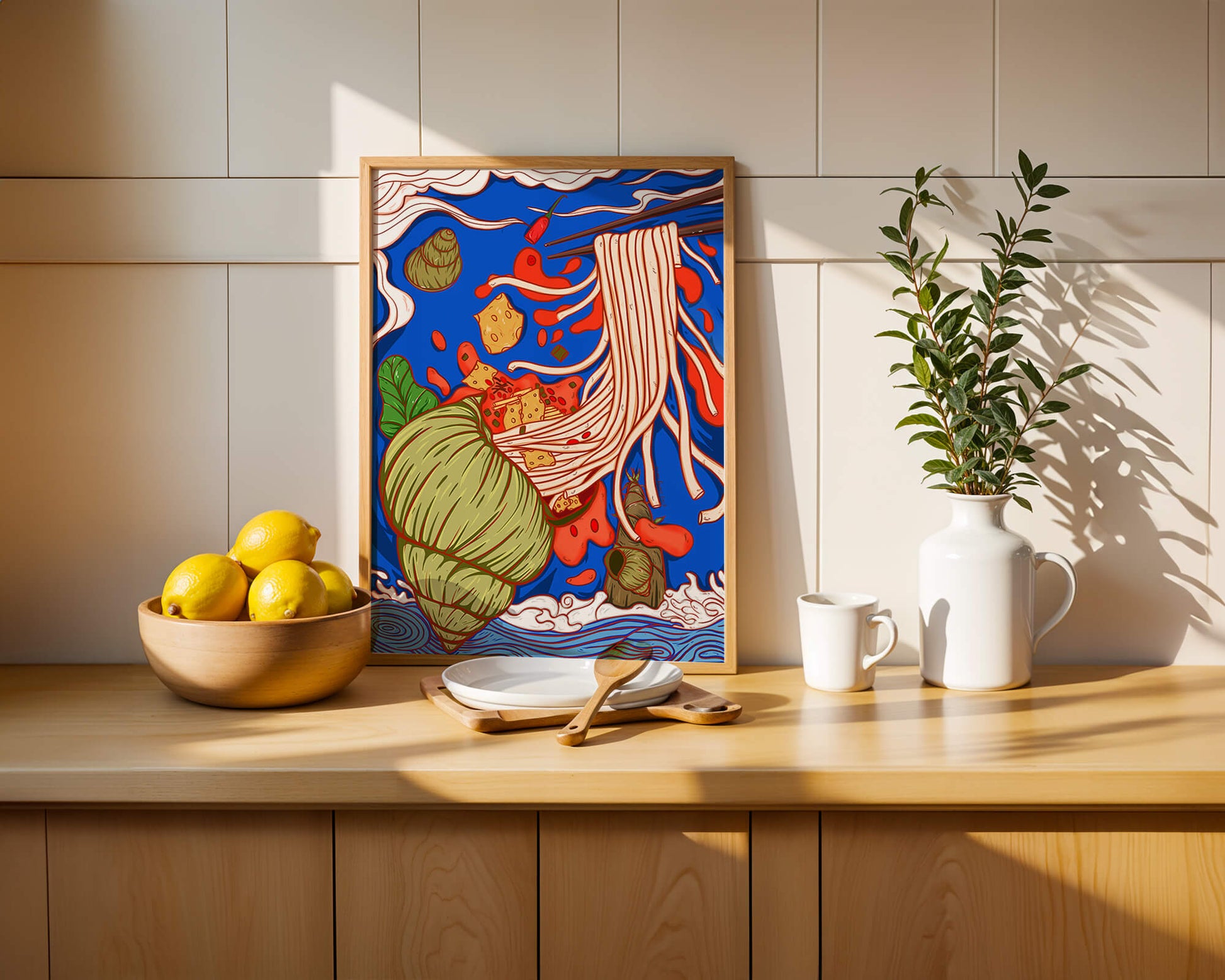 Ilustración intrincada de fideos con colores vibrantes y elementos detallados