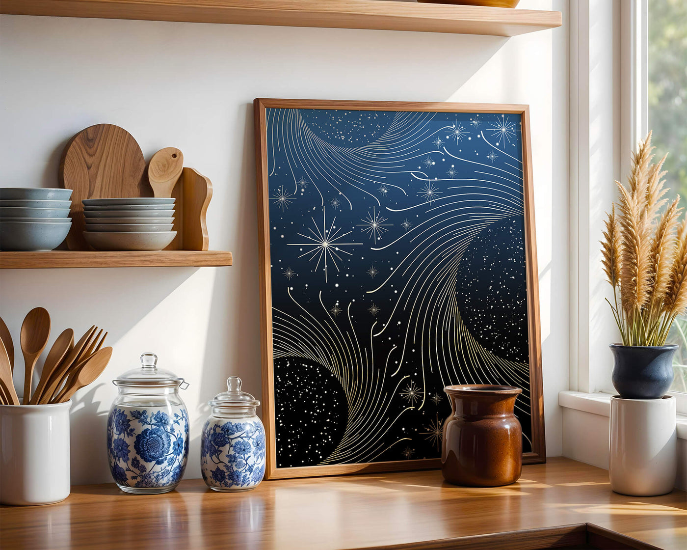 Elegant starry night with golden cosmic swirls
