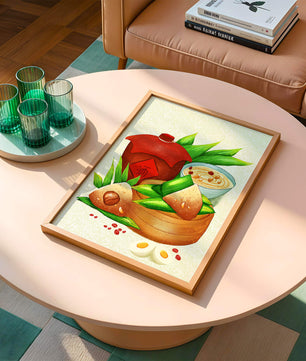 Illustrated traditional Chinese food with zongzi and rice wine