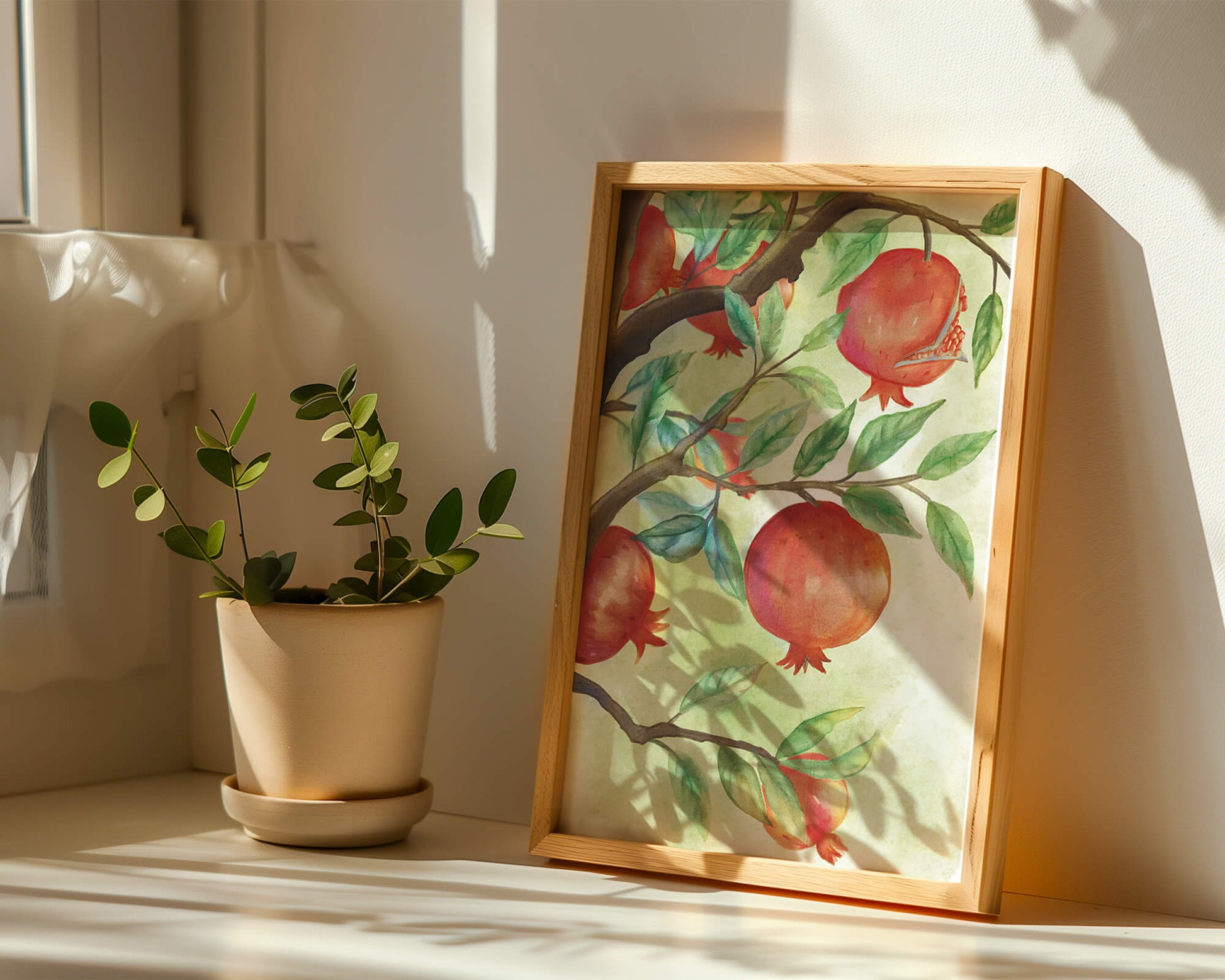 Watercolor Pomegranate Tree Branch with Fruits and Leaves