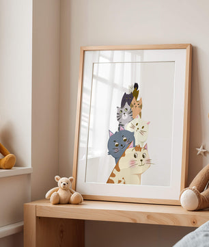 Stack of adorable cartoon cats with diverse patterns and colors