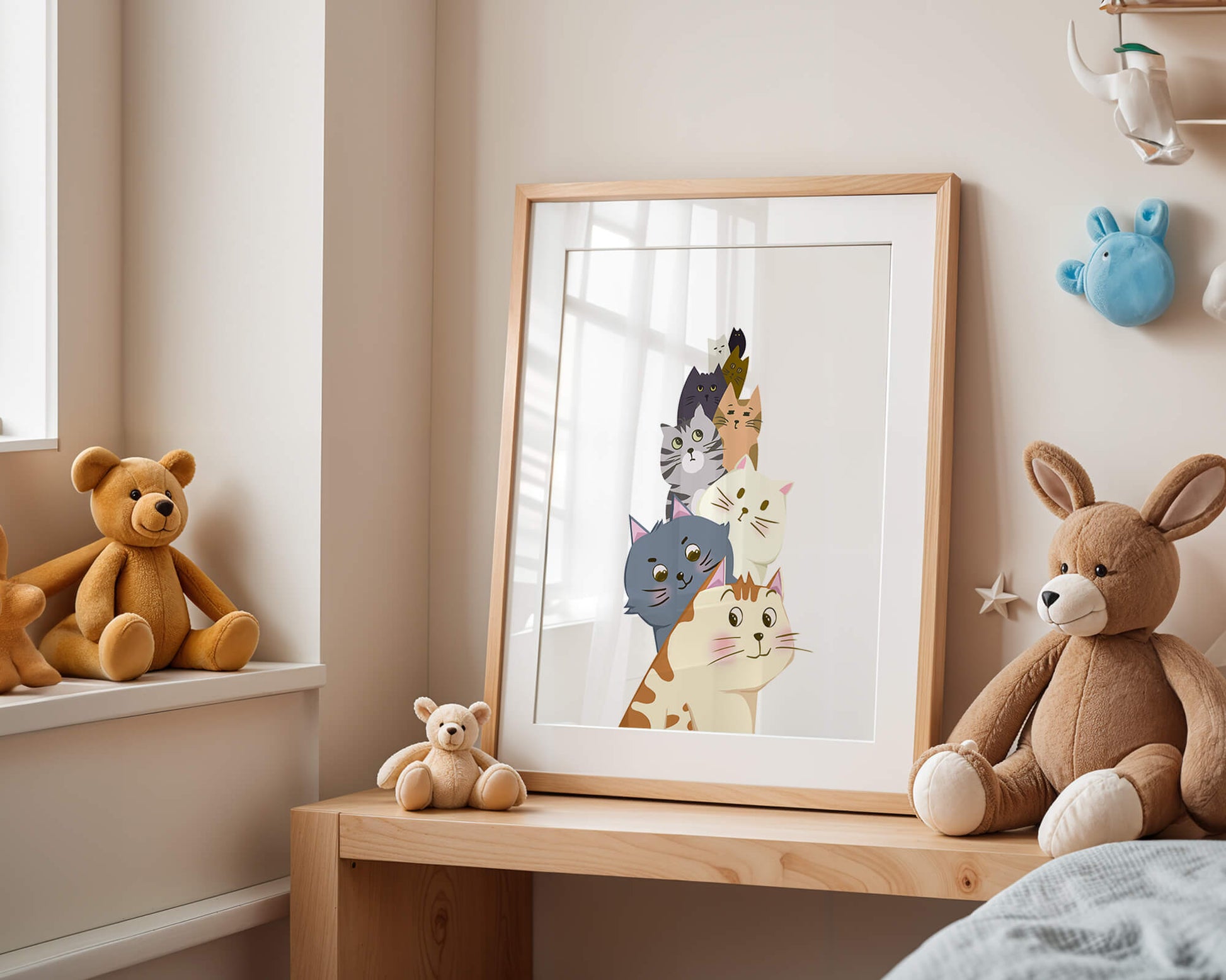 Stack of adorable cartoon cats with diverse patterns and colors