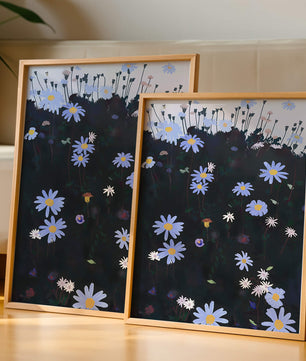 Field Of Blue And White Daisies On A Dark Background