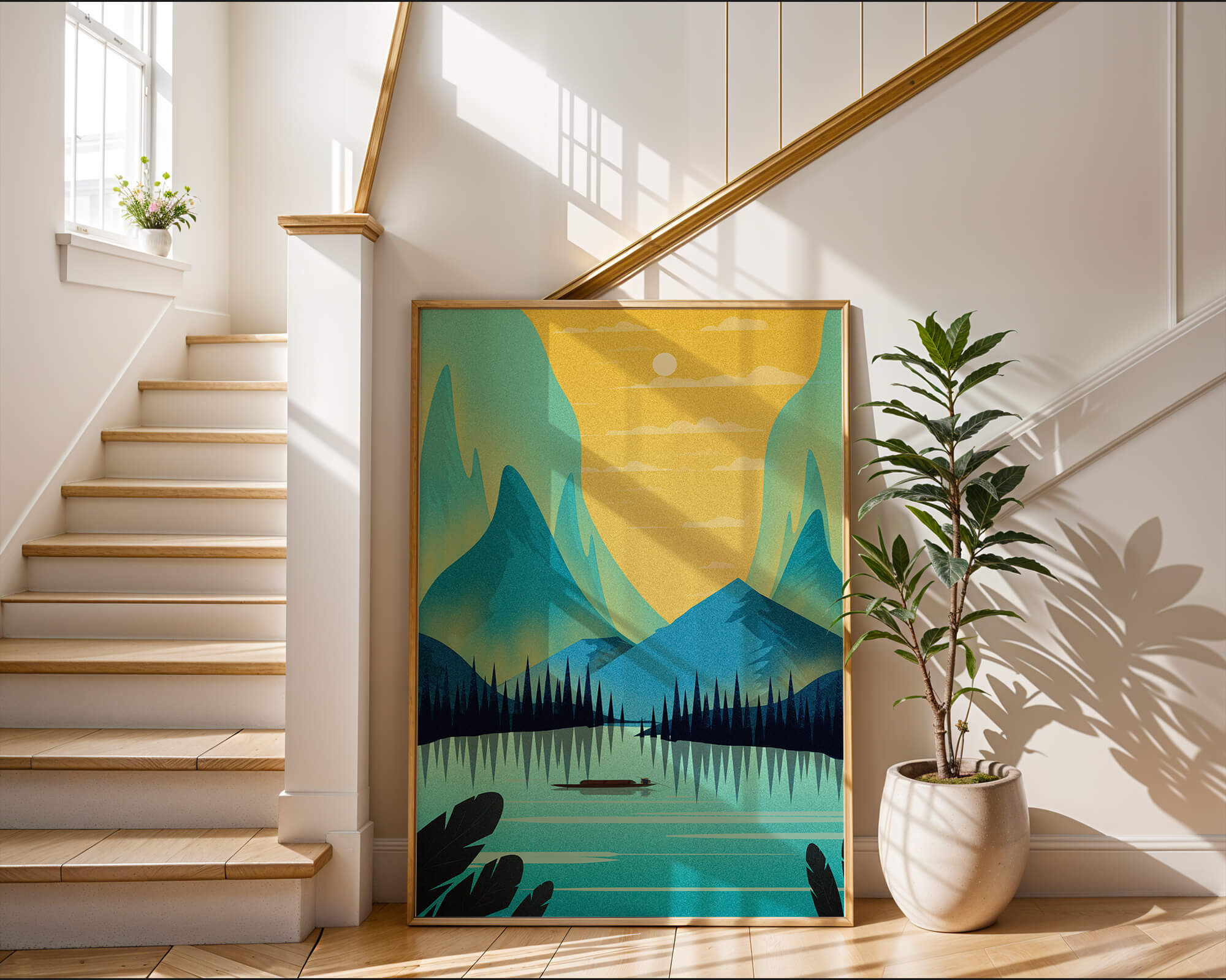 Serene lake landscape with mountains and sunset