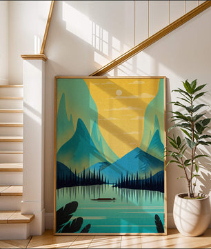 Serene lake landscape with mountains and sunset