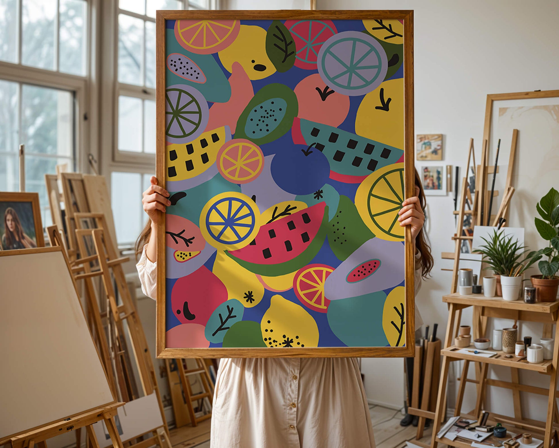 Patrón abstracto de frutas vibrantes con cítricos y melones sobre fondo azul