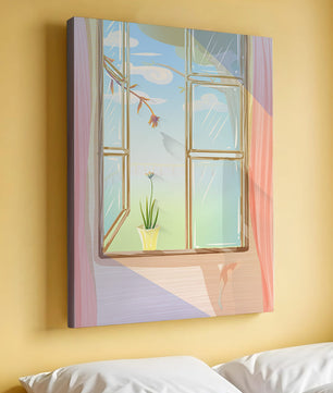 Tranquil open window with floral view and gentle sunlight