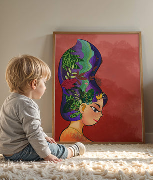 Colorful artistic portrait with nature-inspired hair design
