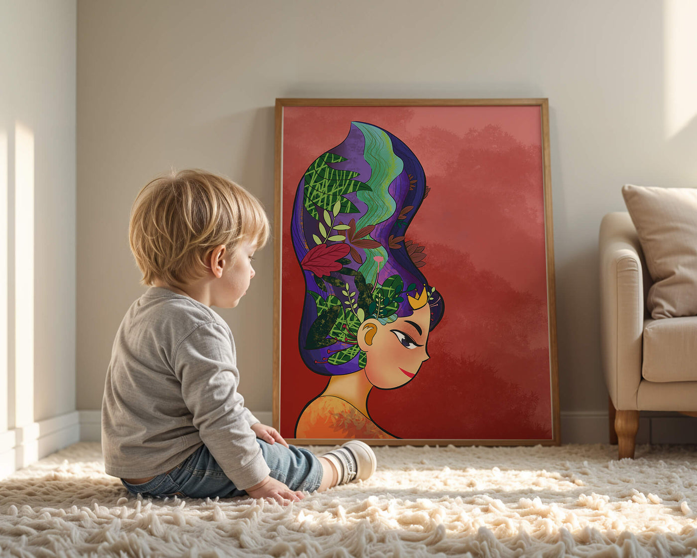 Colorful artistic portrait with nature-inspired hair design