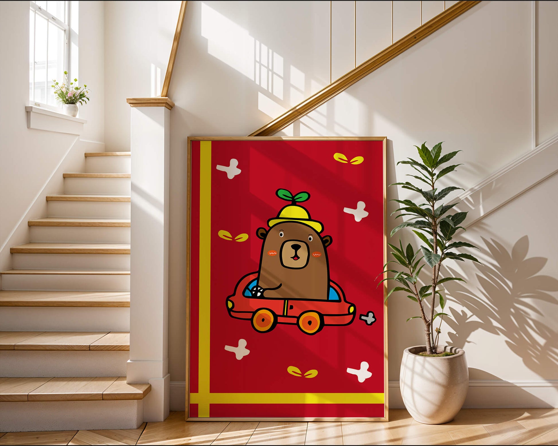 Whimsical bear driving a car on a bright red background