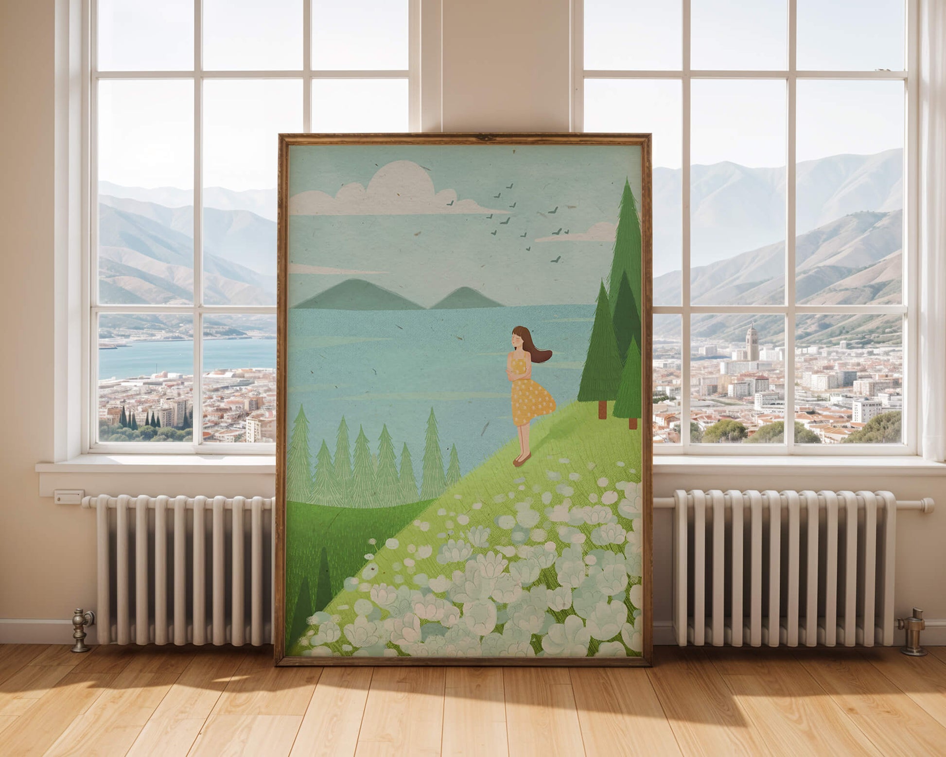 Mujer en vestido amarillo en la ladera con flores y árboles