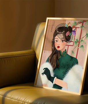 Elegant woman in vintage attire with netted hat and floral elements