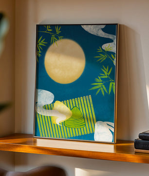 Moonlit night with bamboo and dumplings on a mat