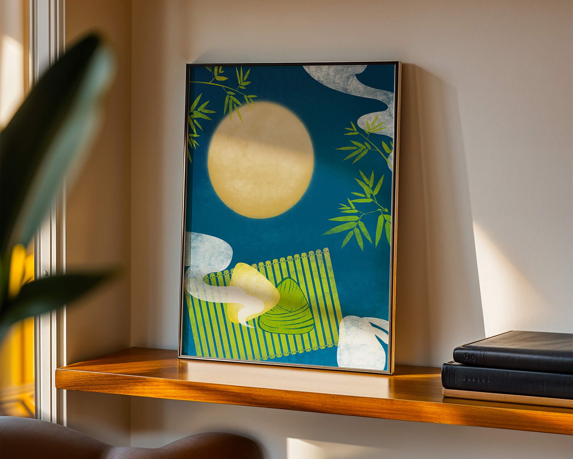Moonlit night with bamboo and dumplings on a mat