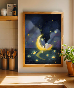 Whimsical night scene with child and cat on crescent moon