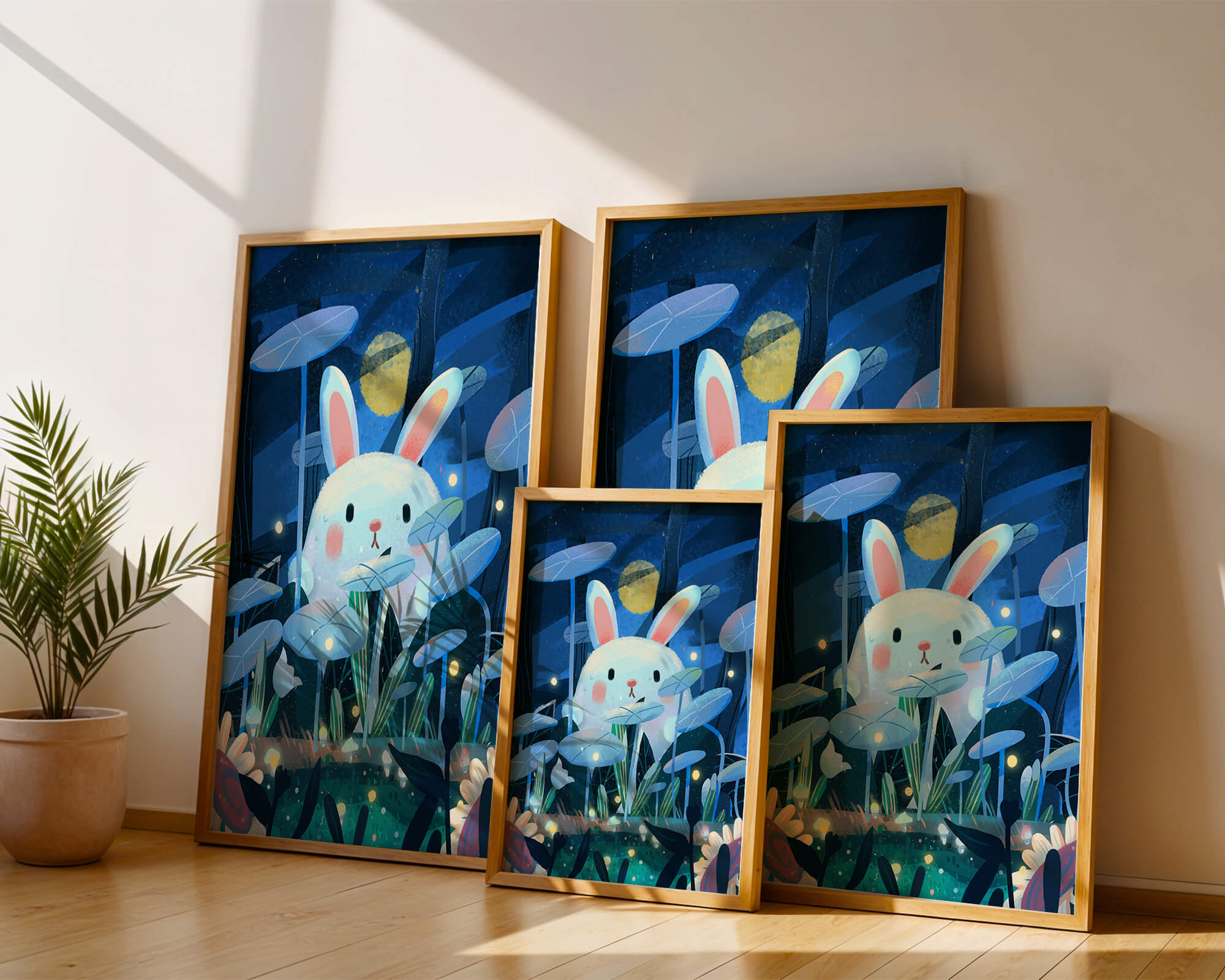 Cute rabbit in a dreamy moonlit forest