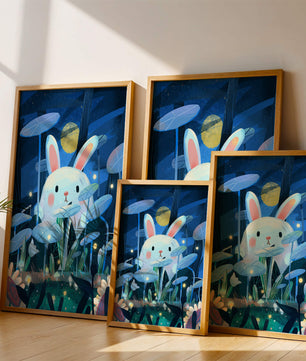 Cute rabbit in a dreamy moonlit forest