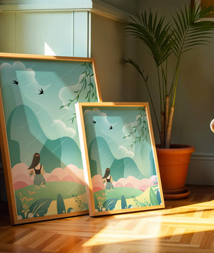Peaceful landscape with a girl and nature elements
