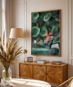 Garden Scene with Flowers, Table, and Chair in a Leafy Backdrop