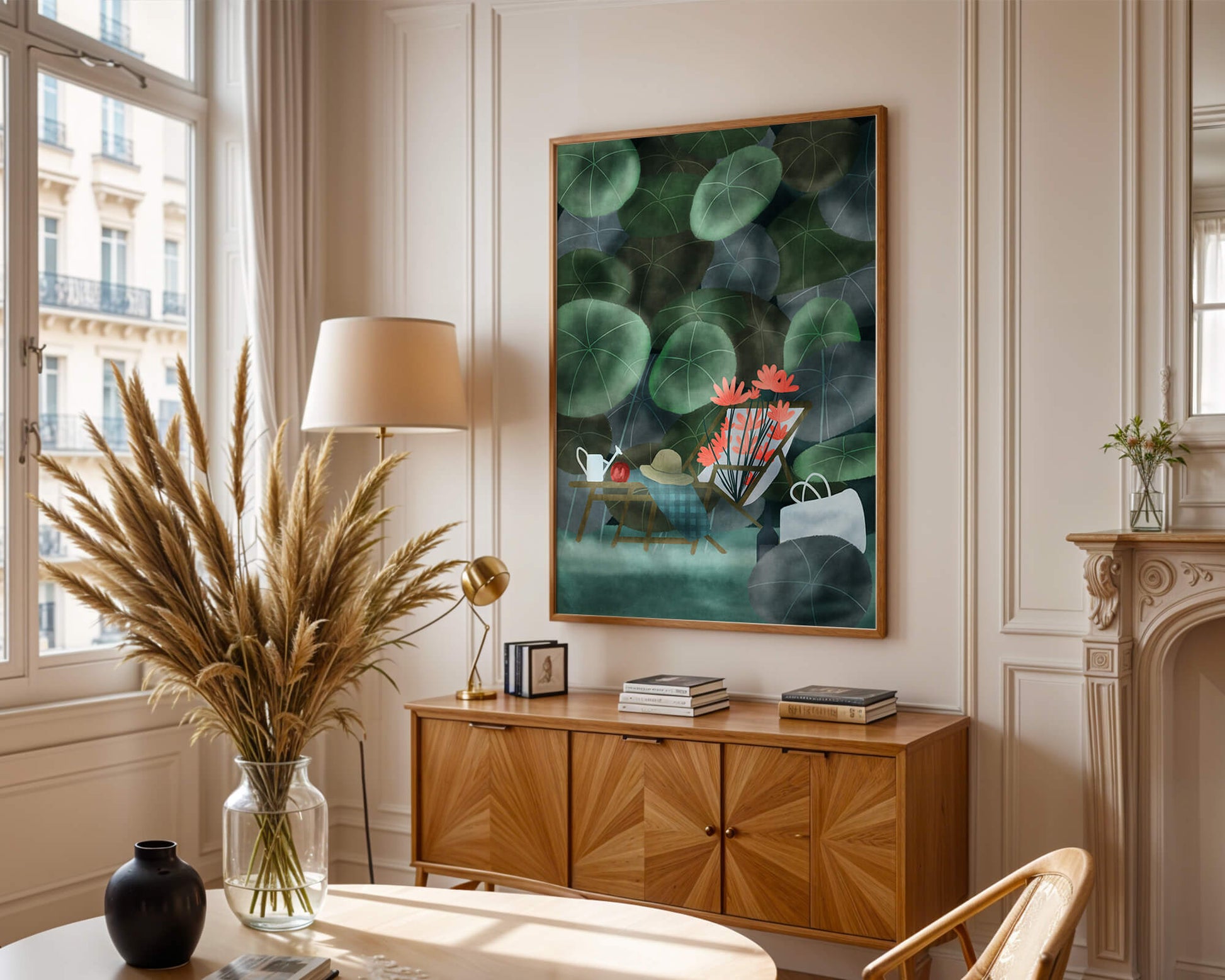 Garden Scene with Flowers, Table, and Chair in a Leafy Backdrop