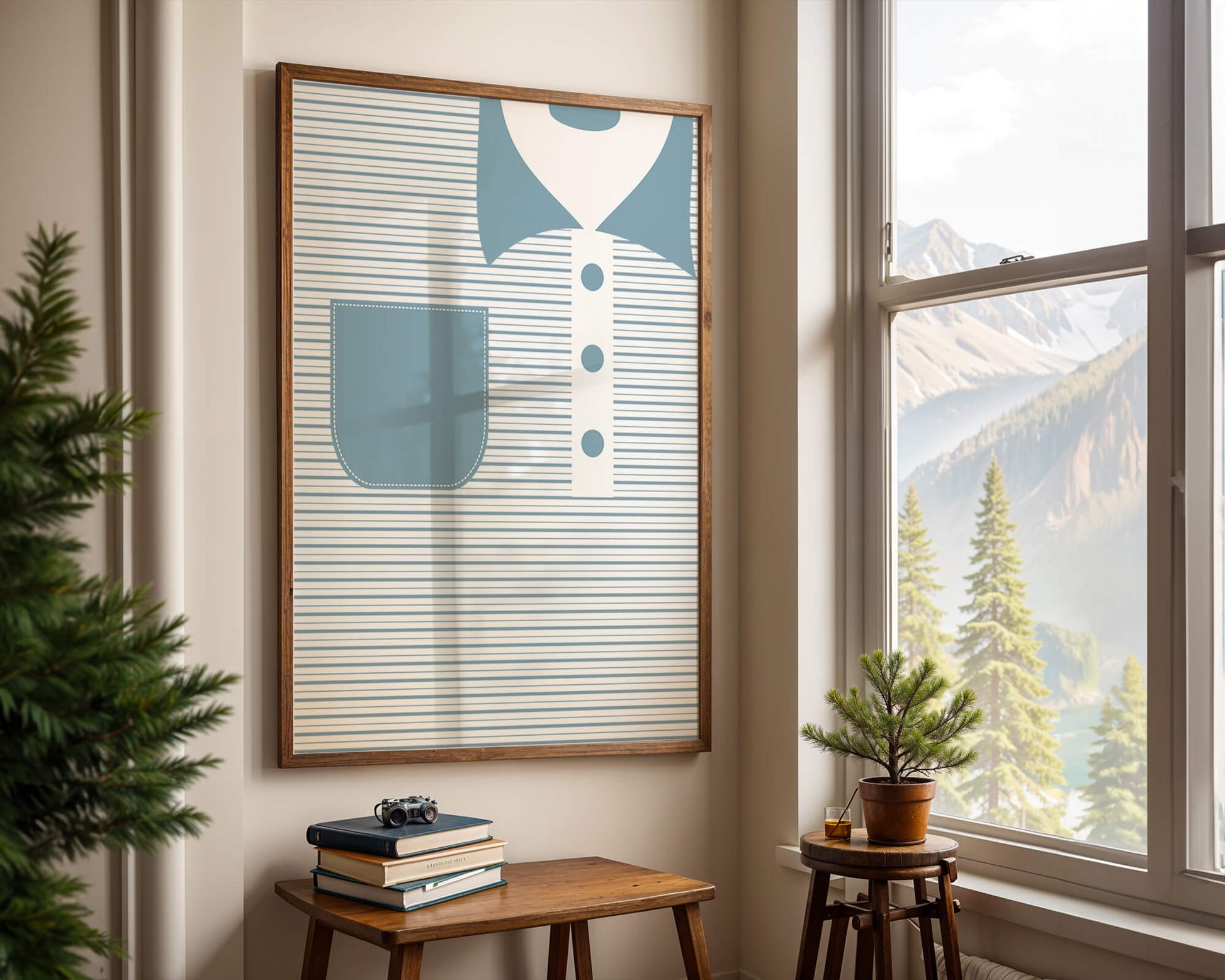 Minimalist artwork featuring striped pattern and abstract shapes