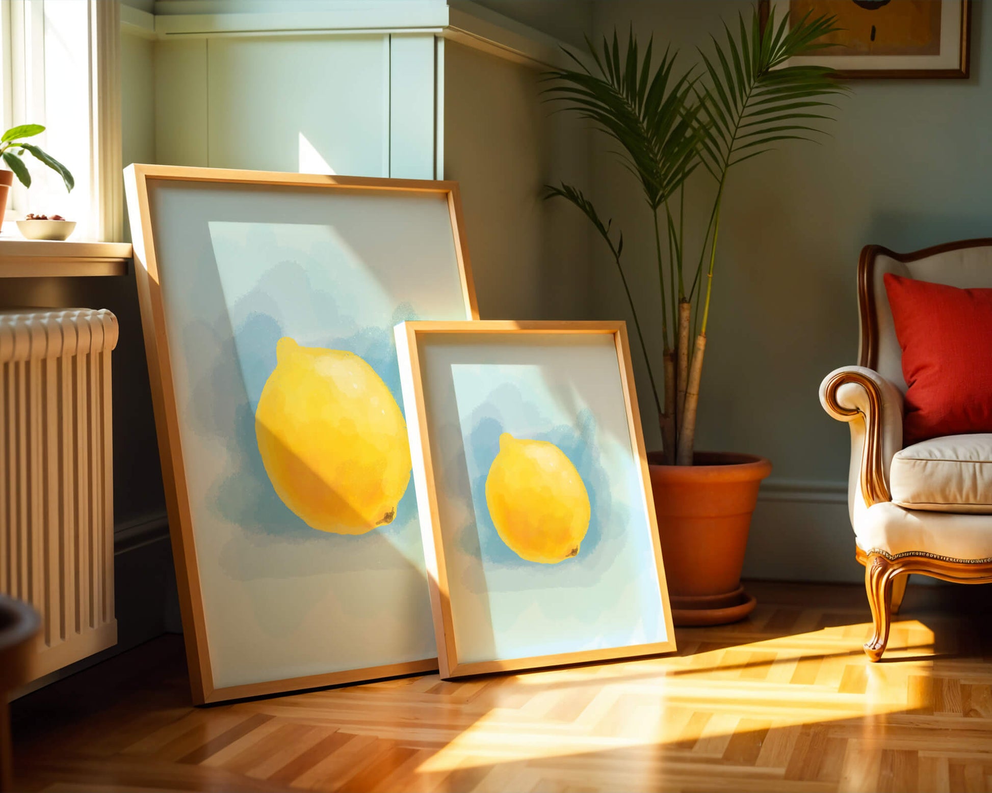 Watercolor artwork of a lemon on a blue background