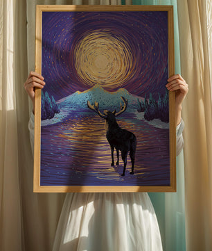 Moose Under Starry Night Sky with Radiant Moon