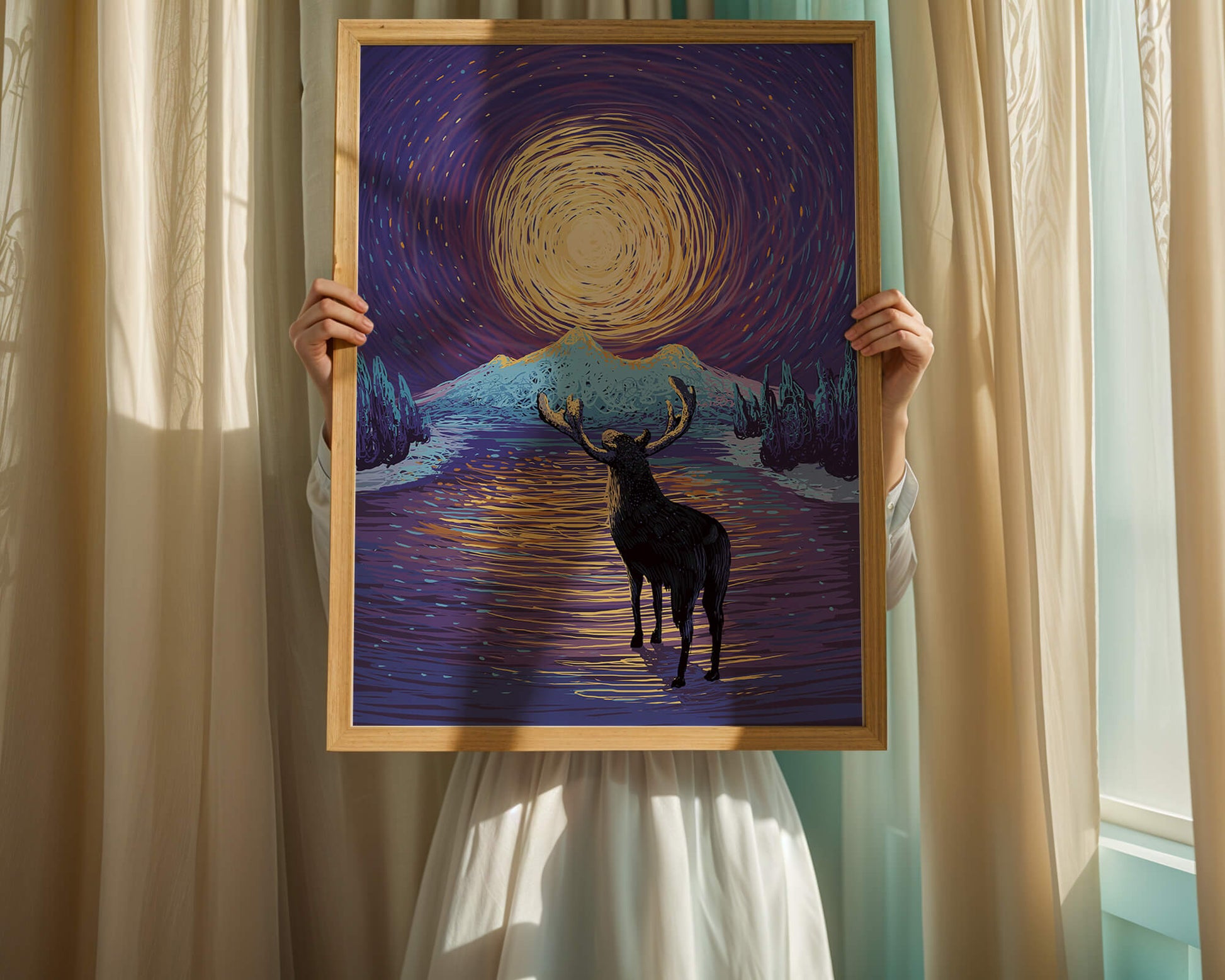Moose Under Starry Night Sky with Radiant Moon