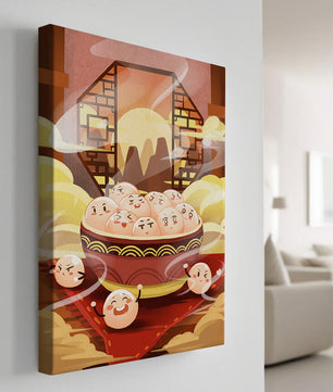 Dumplings de dibujos animados encantadores en un cuenco decorativo en medio de la niebla