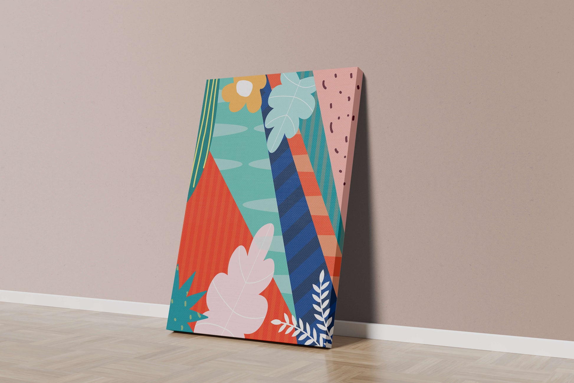 Abstract floral geometric design with vibrant colors and bold patterns